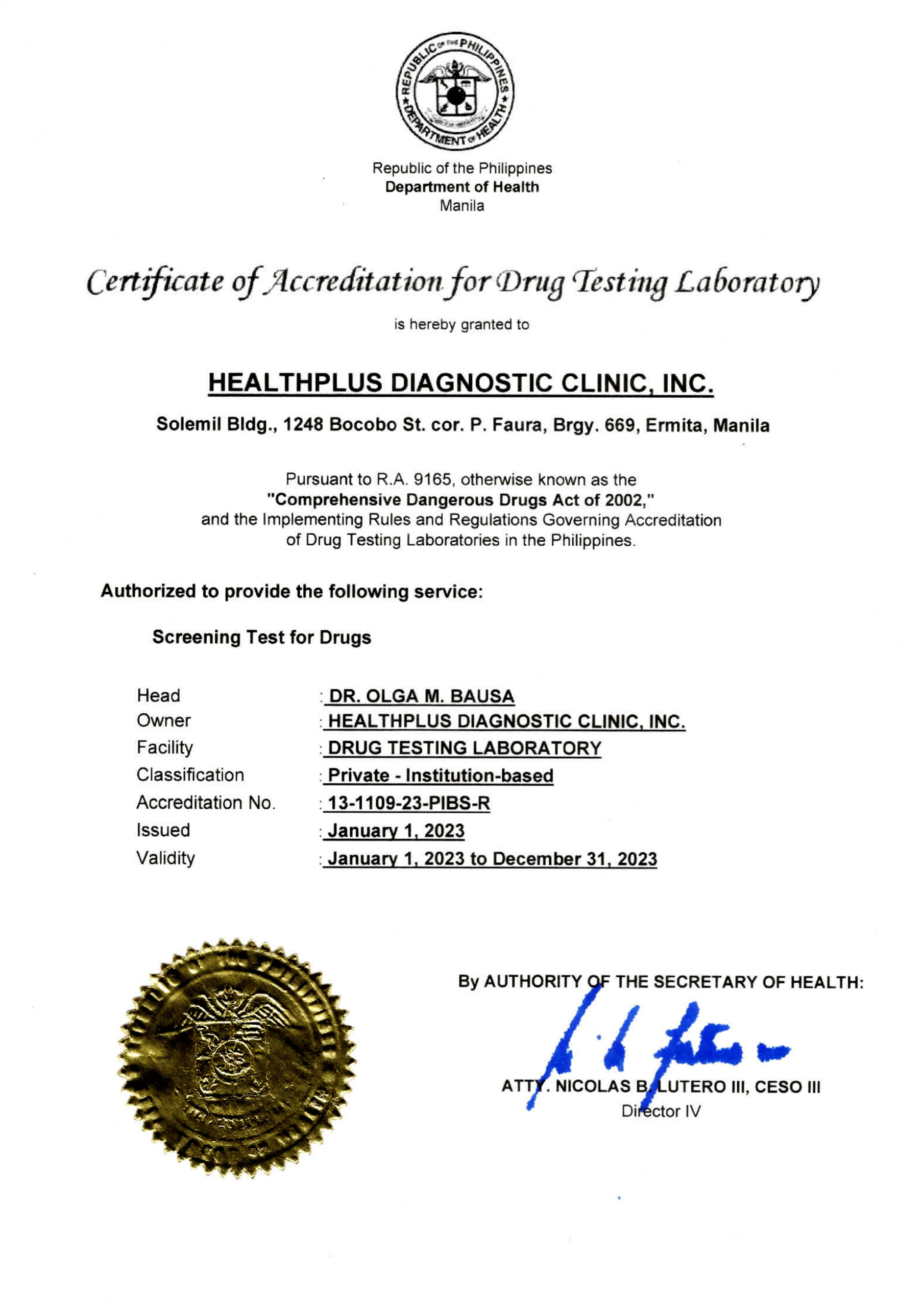 DOH Accreditation as a Drug Testing Laboratory