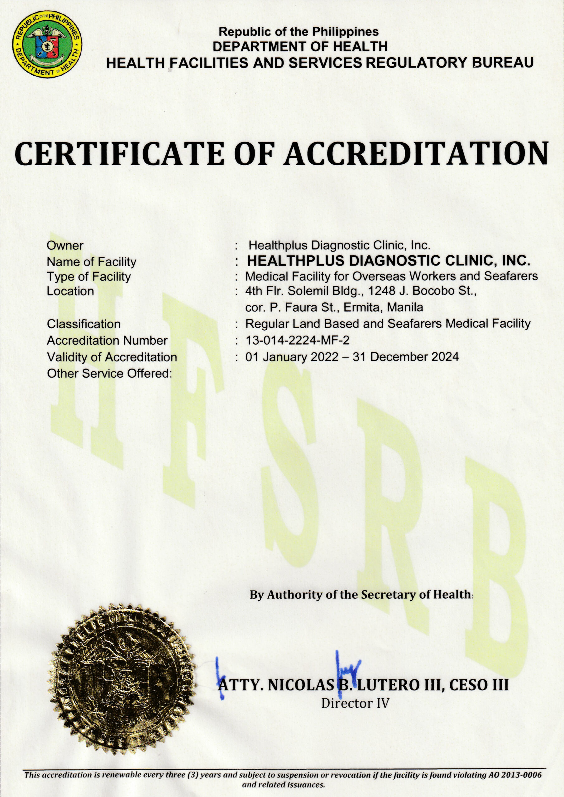 DOH Accreditation as a Medical Facility for Seafarers